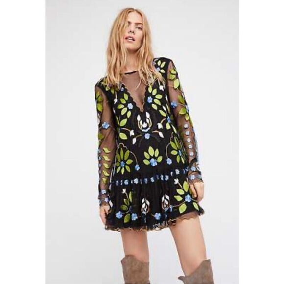 Free People Hearts Are Wild Embroidered Mini Dress Black Multi Size XS - Picture 3 of 12